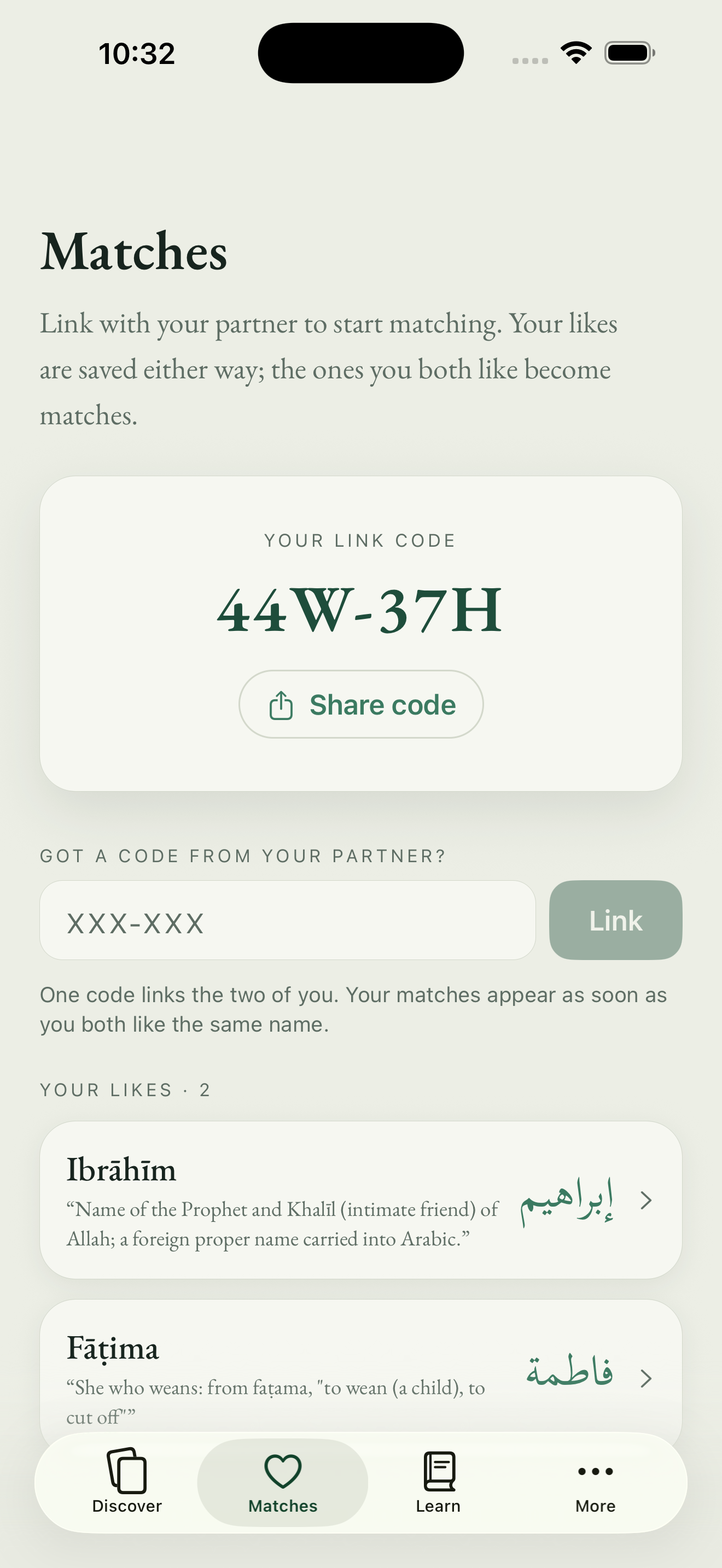 The Matches tab showing a link code and the names you have liked